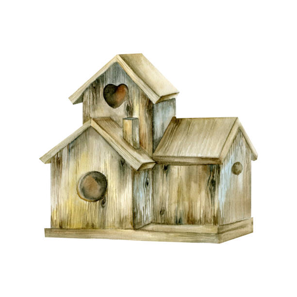 istock Watercolor wooden bird house with wooden roof illustration. Hand drawn spring, rustic, boho, cozy spring decoration. Invitation, greeting card ,label,packing design 1934484866