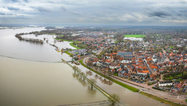 IJssel river with overflowing floodplains near Hattem after heavy rainfall