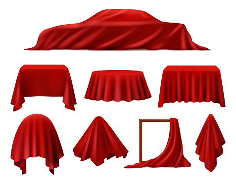 Red drapery or silk fabric hiding object or empty frame. Vector isolated reveal cloth for surprise or gift, magic trick. Wrinkled elegant cover, curtain or napkin, tablecloth with secret on podium