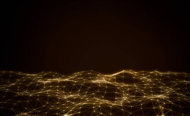 Black background with a dynamic golden dots and line wave floor. Network connection dots and lines with space for text or product
