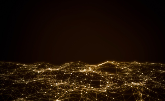 Black background with a dynamic golden dots and line wave floor. Network connection dots and lines with space for text or product