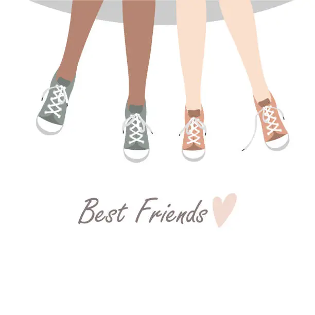 Vector illustration of Girl friends legs in sneakers shoes. Vector illustration isolated on white background.