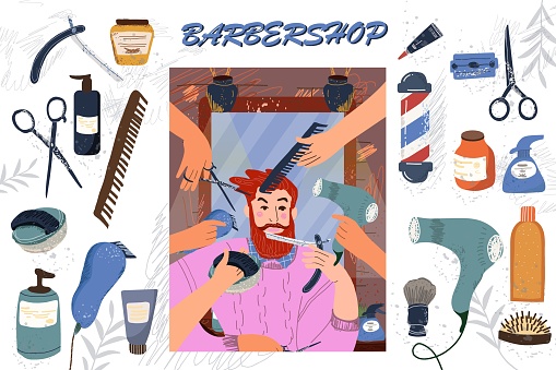 Set Vector flat illustration, depicting barbershop atmosphere, barbering supplies, customer and barber in the process of haircutting and beard grooming, socializing, relaxing.