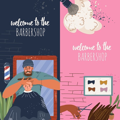 Banner set, flat flat flat illustration, depicting barbershop atmosphere, barbering supplies, client and barber in the process of haircutting and beard grooming, socializing, relaxing.