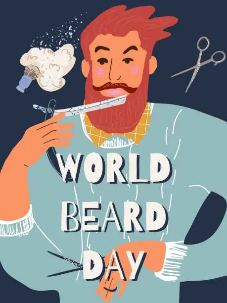 Vector illustration of Poster for international world beard day in september or for barber shop. Stylized beard man. Barbers and male client in barbershop. Hairdressers and male clients.