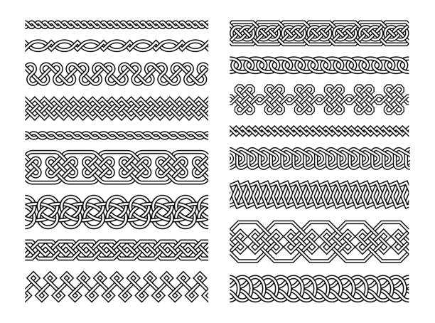 Celtic borders. Seamless vintage border frames with celtic folk knots tattoo black and white decorative design. Pattern brushes, endless chains vector set Celtic borders. Seamless vintage border frames with celtic folk knots tattoo black and white decorative design. Pattern brushes, endless chains vector set. Tribal ornaments, artwork untie-rope stock illustrations