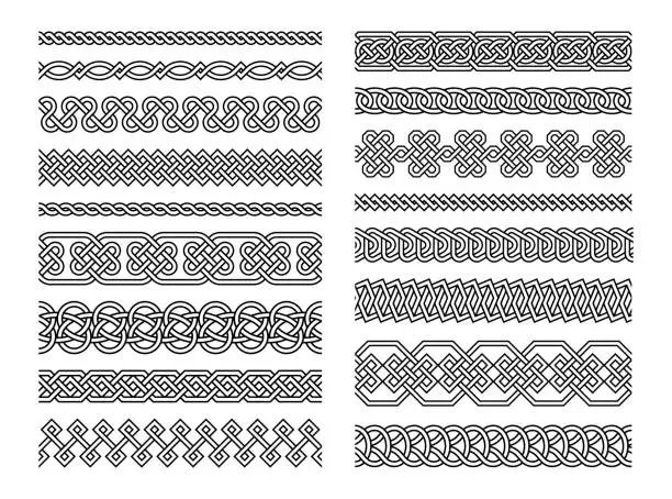 Vector illustration of Celtic borders. Seamless vintage border frames with celtic folk knots tattoo black and white decorative design. Pattern brushes, endless chains vector set