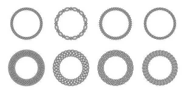 Vector illustration of Celtic round frames. Old circle border frames with celtic folk knots, knotted braid ornaments decorative tattoo design. Circular patterns vector set