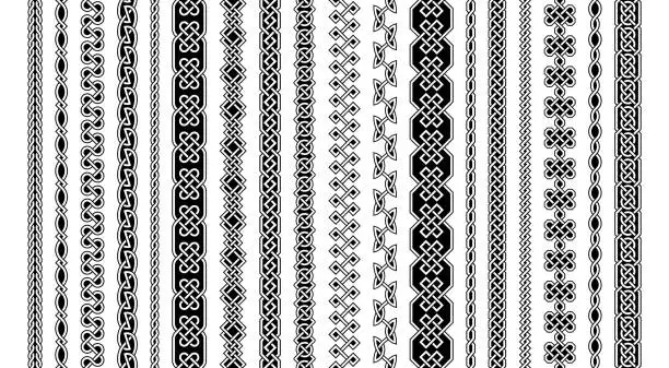 Vector illustration of Celtic borders. Seamless vintage border frames with celtic folk knots tattoo black and white decorative design. Pattern brushes, endless chains vector set