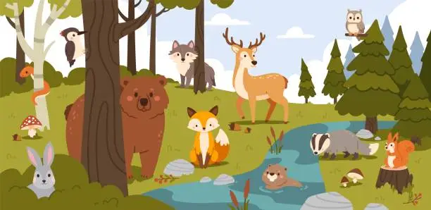 Vector illustration of Cartoon forest animals. Summer woodland with bear, fox and wolf, hare and beaver in stream, squirrel and badger, owl and woodpecker, snake. Trees and bushes. Vector illustration