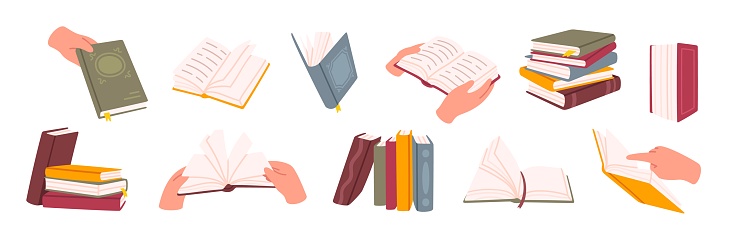 Reading books. Readers hands holding book, textbook with bookmarks. Open notebook and literature stack, diary. Library interior, education isolated elements vector set. Academic reading