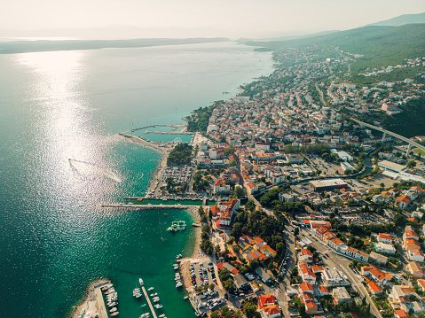 An aerial view of the coastline against the sea of Crikvenica, Croatia