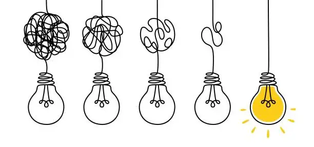 Vector illustration of Simplify complex process. Tangled scribble wires with light bulbs from difficult to simple, clarifying idea and complex problem solving process vector concept