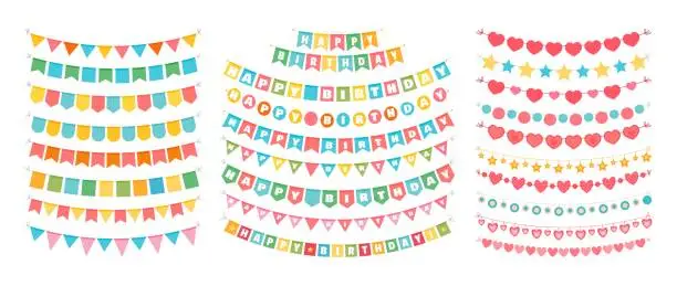 Vector illustration of Bunting pennant and flag. Multicolored fabric bright triangles hang on birthday party. Festive handmade paper garlands string up and adorn for graduation. Vector set