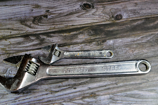 Set of the professional tools. Closeup of chrome wrench tools organized in box.