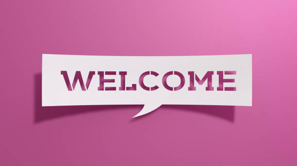 Welcome - Speech Bubble. Minimalist Abstract Design With White Cut Out Paper on Pink Background. 3D Render.