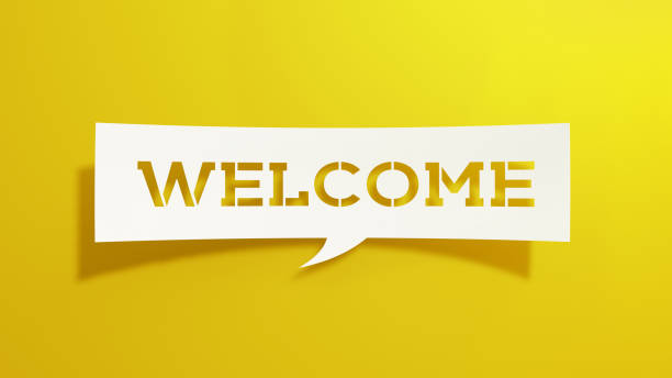 istock Welcome - Speech Bubble. Minimalist Abstract Design With White Cut Out Paper on Yellow Background. 1934523712