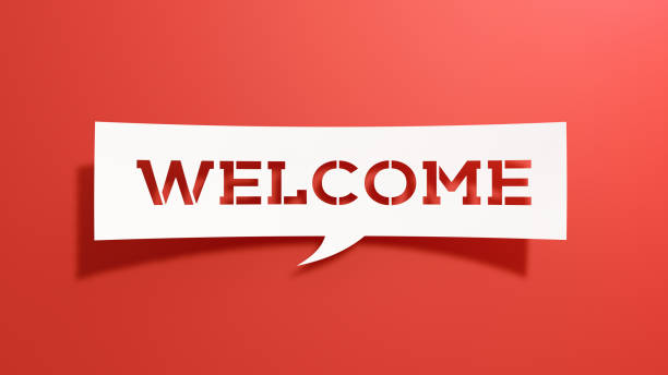 istock Welcome - Speech Bubble. Minimalist Abstract Design With Cut Out Paper on Red Background. 1934523714