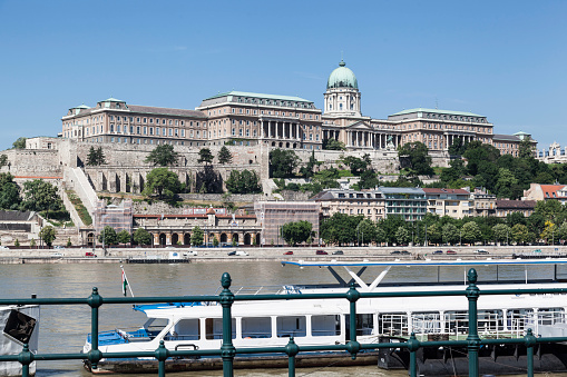 The beautiful palace with a huge dome on the Buda hill, Buda Castle. \nBudapest, Hungary