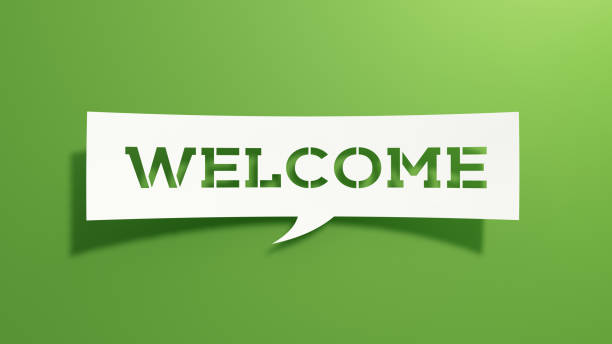istock Welcome - Speech Bubble. Minimalist Abstract Design With White Cut Out Paper on Green Background. 1934526925