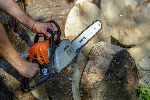 Ukraine Kiev September 01, 2023.Stihl chainsaw in Kiev. Stihl is a German manufacturer of chainsaws and other handheld power equipment