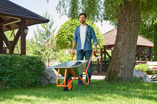 Attractive male landscaper pushing metal wheelbarrow, while working in garden. Low angle view of smiling gardener in jeans using cart for transportation, while walking on grass. Concept of gardening.