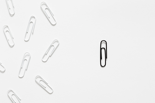 difference and individuality concept - close up of one black paperclip and group of white paperclips over white background