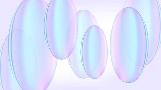 Abstract background with repeating transparent glass oval or circle shapes of pastel blue, purple and pink color gradient. Realistic 3D futuristic design. Light vector banner template with copy space