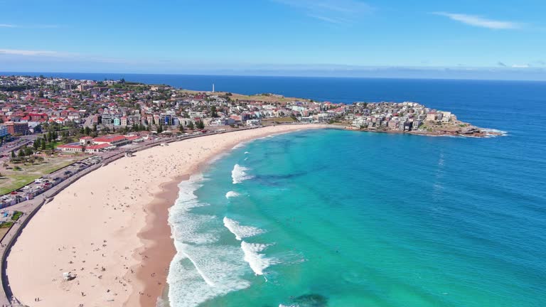 Sydney, Australia: Aerial view of iconic Bondi Beach, famous surf beach in capital city of Australian state of New South Wales and most populous city in Australia, sunny day with blue sky