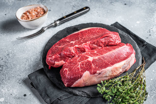 istock Raw top blade flat Iron beef organic meat. Gray background. Top View 1934559229