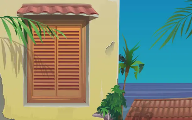Vector illustration of Wall facade with cracks, wooden window with shutters, roof tiles. Villa building overlooking the sea, tropical landscape with palm trees. Yellow wall mockup, palm tree, siesta, vector illustration.