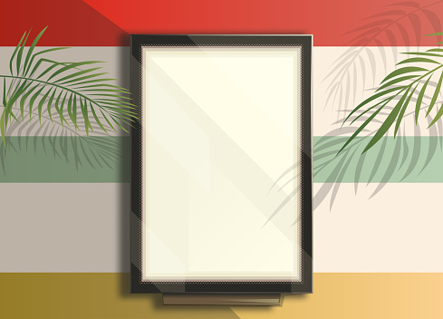 Realistic lightbox mockup. Equipment for outdoor advertising, glass surface with glare. Interior design with wall and palm branch. Industrial equipment template, plastic, metal, glass. Vector layout.