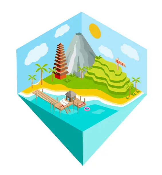 Vector illustration of Isometric  island with mountain, tower, bungalow on water and rice fields