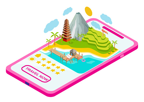 Isometric  island with mountain, tower, bungalow on water and rice fields. Travel destination with ratings on smartphone screen  illustration.