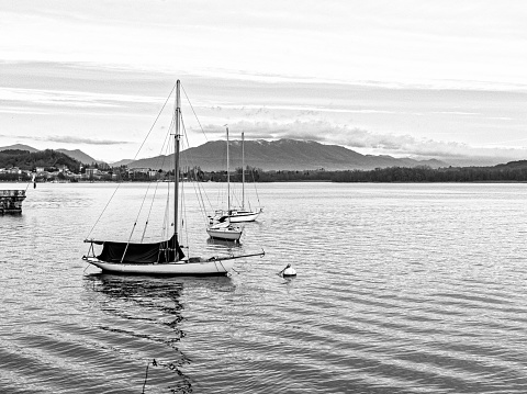 Boats in the harbour in Vernazza, Cinque Terre, Italy, Black and white italian landscape