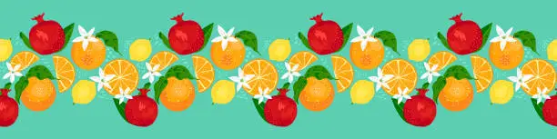 Vector illustration of Tropical border pattern with colorful design of orange, pomegranate, lemon fruits, leaves and flowers on blue background. Summertime horizontal print design