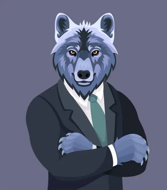 Vector illustration of A wolf in a business suit. A powerful presence in the corporate world.