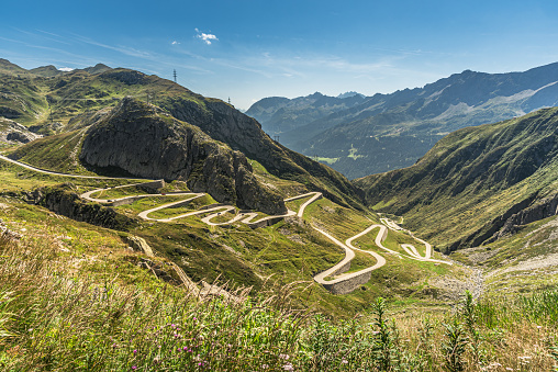 View into the Val Tremola on the south side of the Gotthard Pass with the historic road Tremola. The road was built between 1827 and 1832. Over a length of 4 km it climbs a height of 300 meters in 24 hairpin bends.