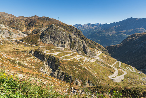 View into the Val Tremola on the south side of the Gotthard pass with the historic road Tremola. The road was built between 1827 and 1832. Over a length of 4 km it climbs a height of 300 meters in 24 hairpin bends.