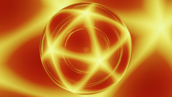 The image features a radiant, golden orb that is the focal point of the image. The orb is surrounded by a fiery, dynamic backdrop that creates an intense and warm atmosphere. The orb emits brilliant light rays that extend outward, illuminating the surrounding space with an intense glow. The intricate patterns within the sphere and the vibrant energy emanating from it create a mesmerizing visual effect
