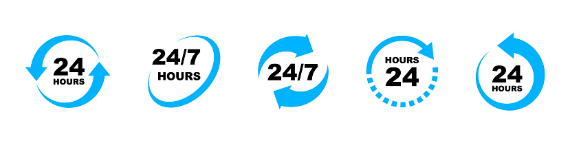 24 7 service icon set. 24-7 open, concept with call icon. Support 24 hours a day and 7 days a week. Support service. Vector Illustration.