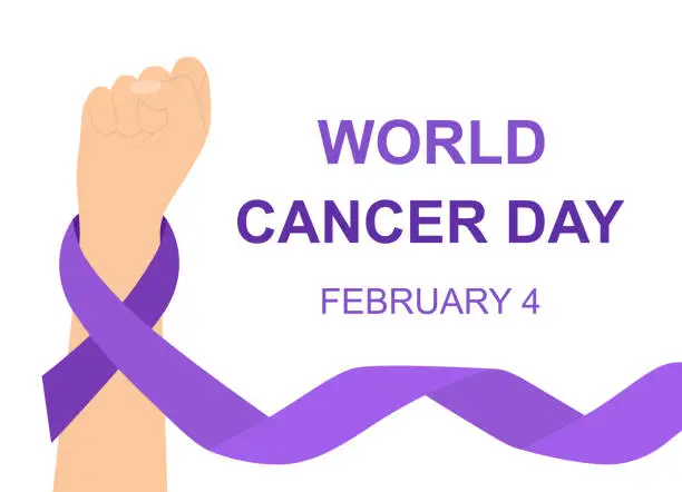 Vector illustration of World Cancer Day Awareness Concept. Raised Fist With Purple Ribbon On White Background