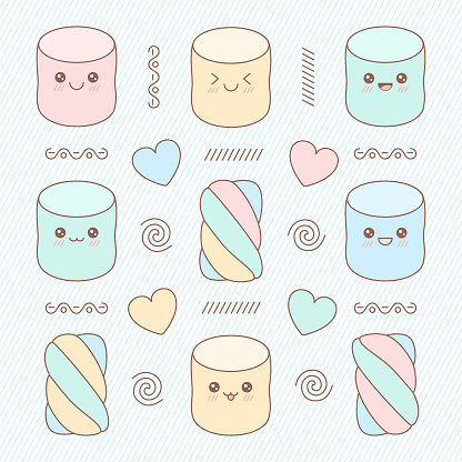Set of cute soft marshmallows in kawaii style. Vector illustration of sweet food in pastel color.