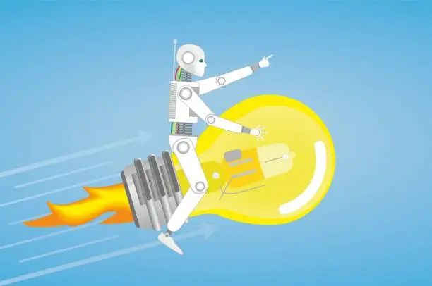 Vector illustration of Robot flying on lightbulb rocketship. Dimension 16:9. Vector illustration.