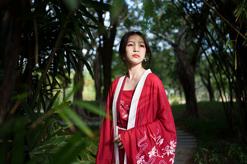 Beautiful woman wearing red Hanfu