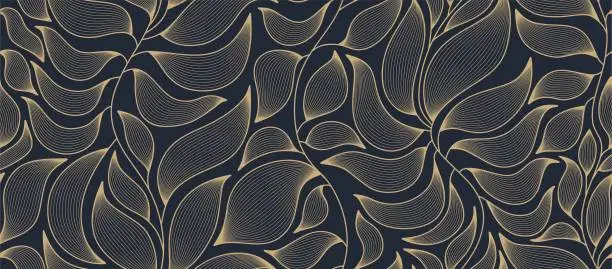 Vector illustration of golden leaves line art botanical seamless pattern.