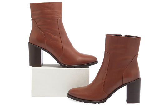Brown Leather Woman Boots On White Background