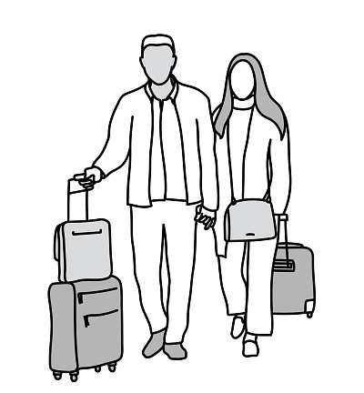 Modern illustration of a couple holding hands and pulling their suitcase while travelling through the airport on foot.