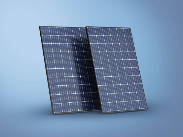 istock Two solar panels on blue background - 3D illustration 1934715026