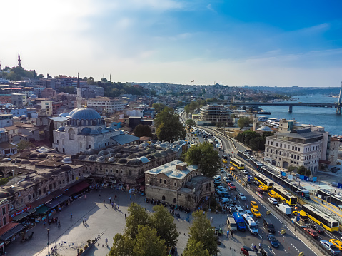 Istanbul, Turkey - September 1 2023: Drone view of urban life in the Eminonu district in Istanbul, Turkey. Urban landscapes of Istanbul on a sunny day